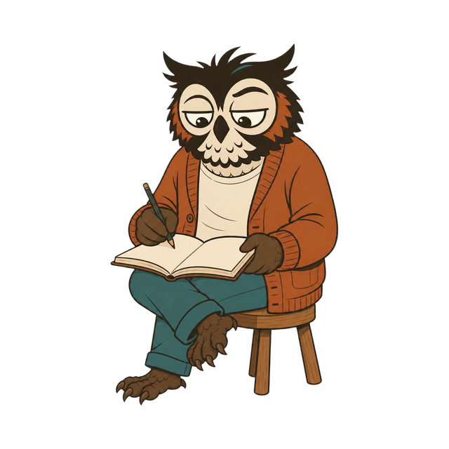 The Little AI Company owl working through a notebook