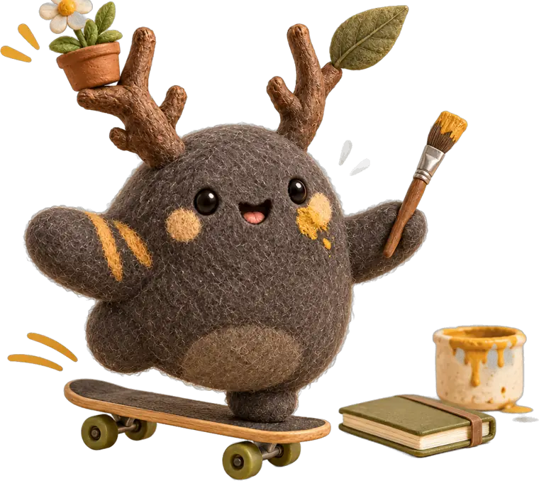 The Vivary mascot, a felt creature with antlers, riding a skateboard with a paintbrush, a potted flower, and a notebook.