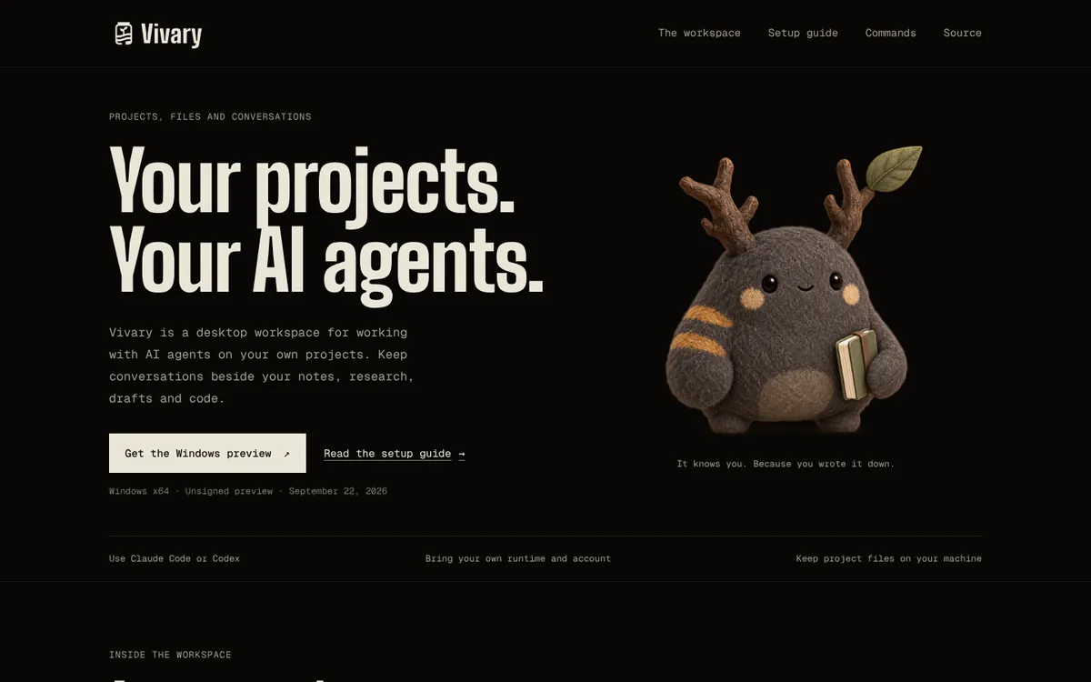 The vivaryagent.xyz home page: the headline “Your projects. Your AI agents.”, a Windows preview download button, and the felt antlered mascot holding a book.